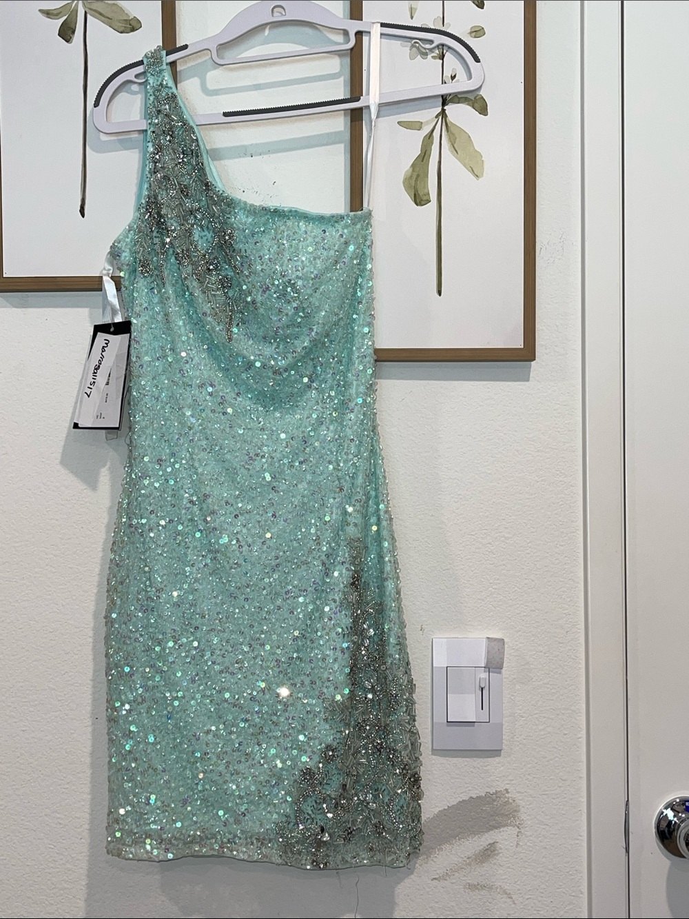 One-Shoulder Sequin Mini Dress in Mint